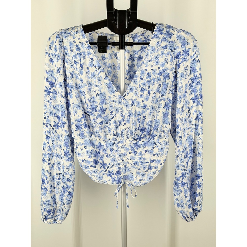 H&M Blue‎ Floral Long Sleeve V-Neck Smocked Back Crop Top Blouse Small
